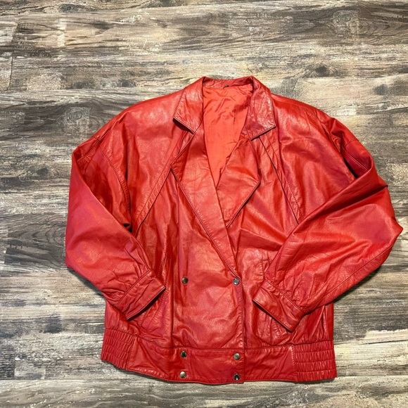 Vintage Echtes Leder Red Leather Bomber jacket - Picture 8 of 8